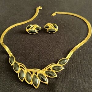 TRIFARI SIGNED Gold tone and black enamel necklace and ear rings